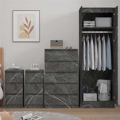 ZITA 4pc Set - 2 Door Wardrobe + Tall Chest + 2 Bedsides in White OR Grey Marble