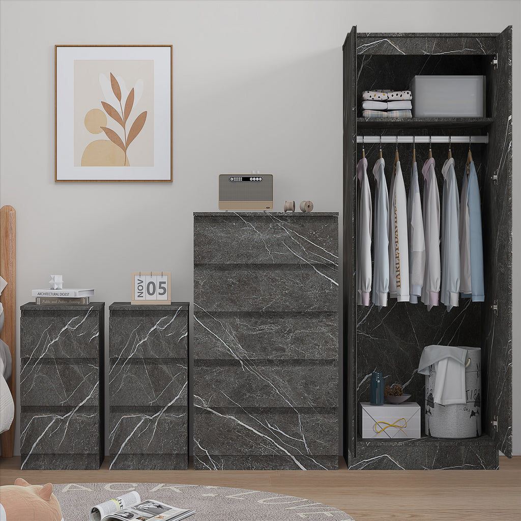 ZITA Grey Marble Effect 4 Piece Bedroom Set - 2 Door Wardrobe, Tall Chest & 2 Bedside Tables, Stylish Storage Solution