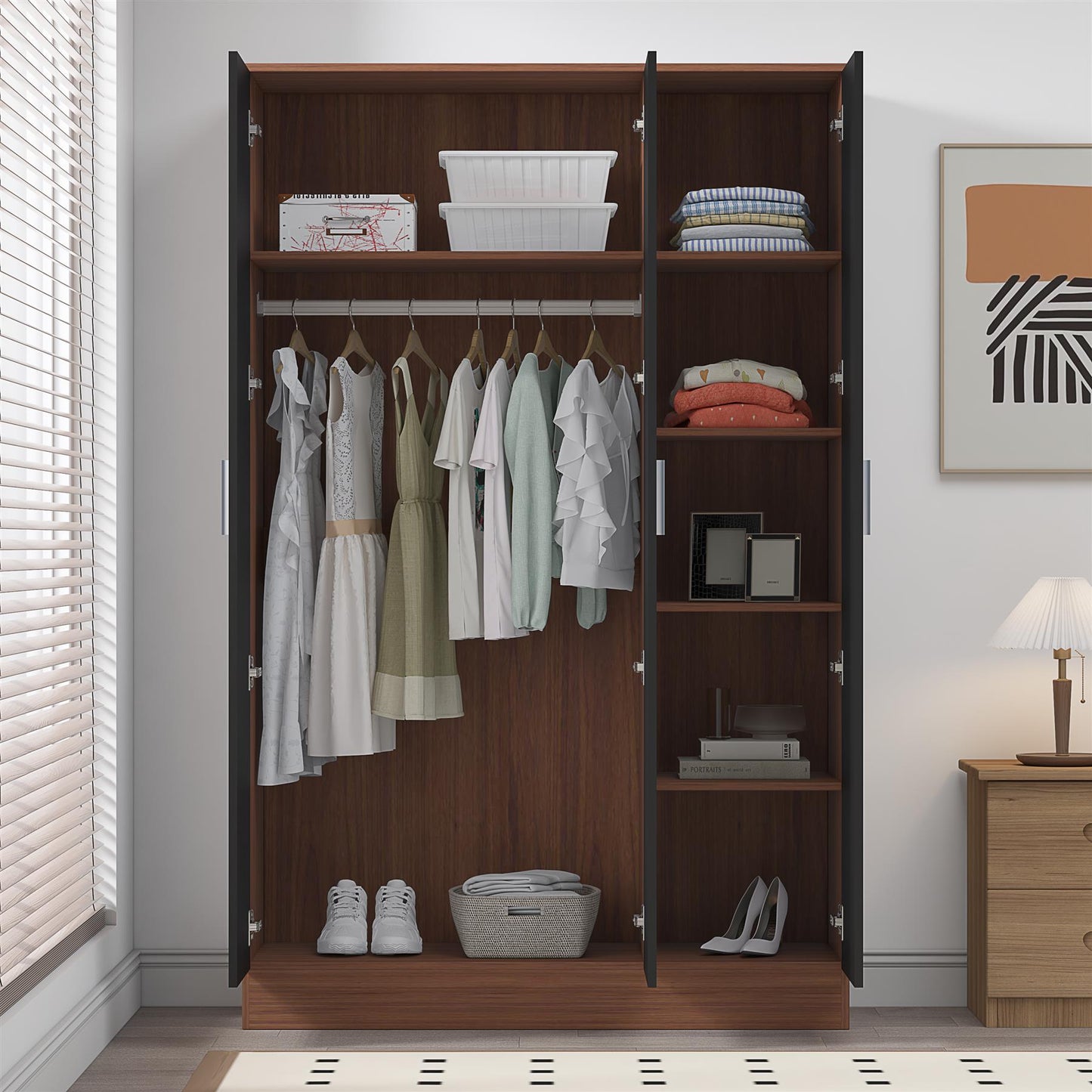 Reflect 3 Door Plain Wardrobe - Black Gloss & Walnut -Hanging Rail & 4 Shelves  - Modern Design