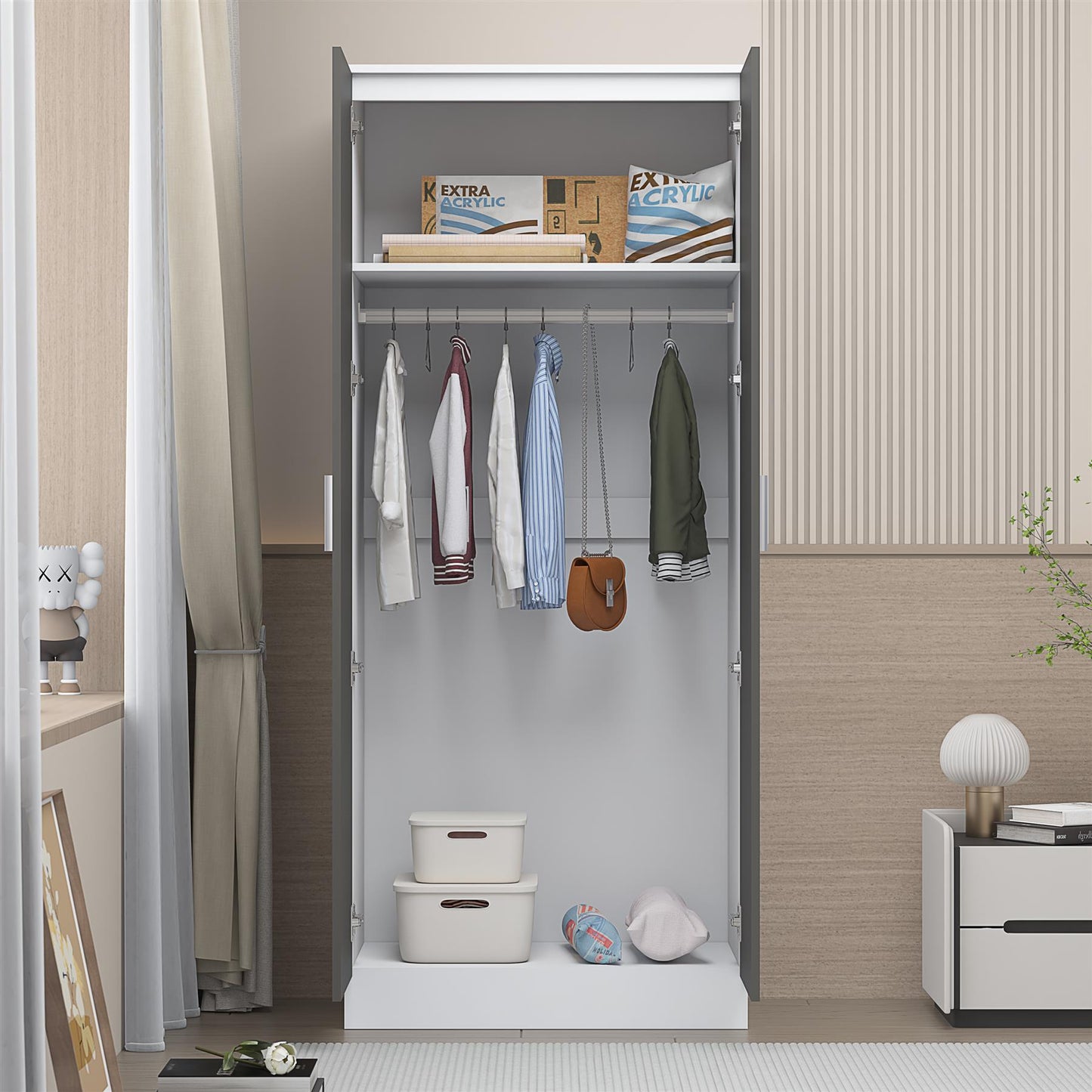 Reflect 2 Door Plain Wardrobe - Grey Gloss & Matt White - Hanging Rails & Shelves - Modern Sleek Design