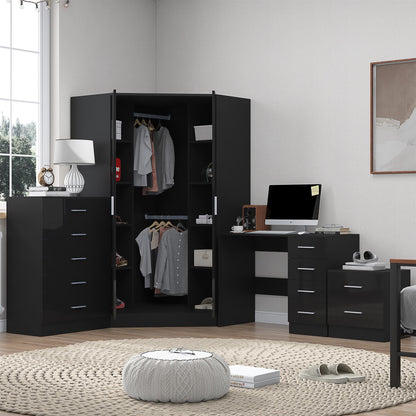 Reflect 2 Door Corner Wardrobe, 5 Drawer Chest, 2 Drawer Bedside & Desk - Black Gloss & Black Oak - Bedroom Furniture Set