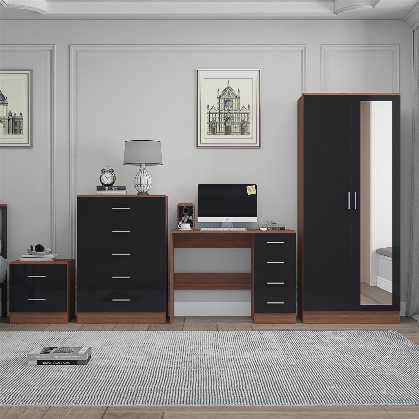 REFLECT Gloss 4pc Set - 2 Door Mirrored Wardrobe + 5 Draw Chest + Bedside + Desk
