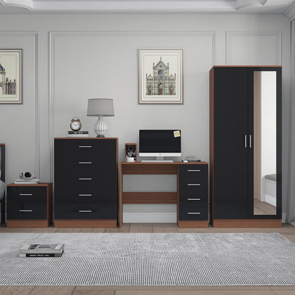 Reflect 2 Door Mirror Wardrobe, 5 Drawer Chest, 2 Drawer Bedside & Desk - Black Gloss & Walnut - Modern Bedroom Furniture Set