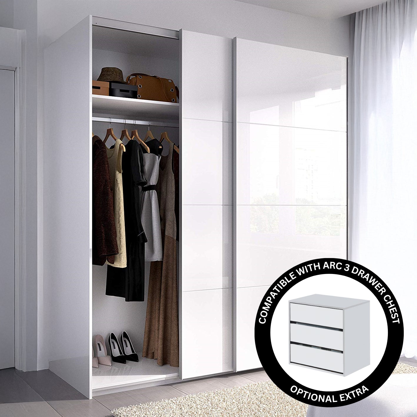 ARM Wardrobe Storage Set 2 Door Sliding White Wardrobe + ARC Internal Unit