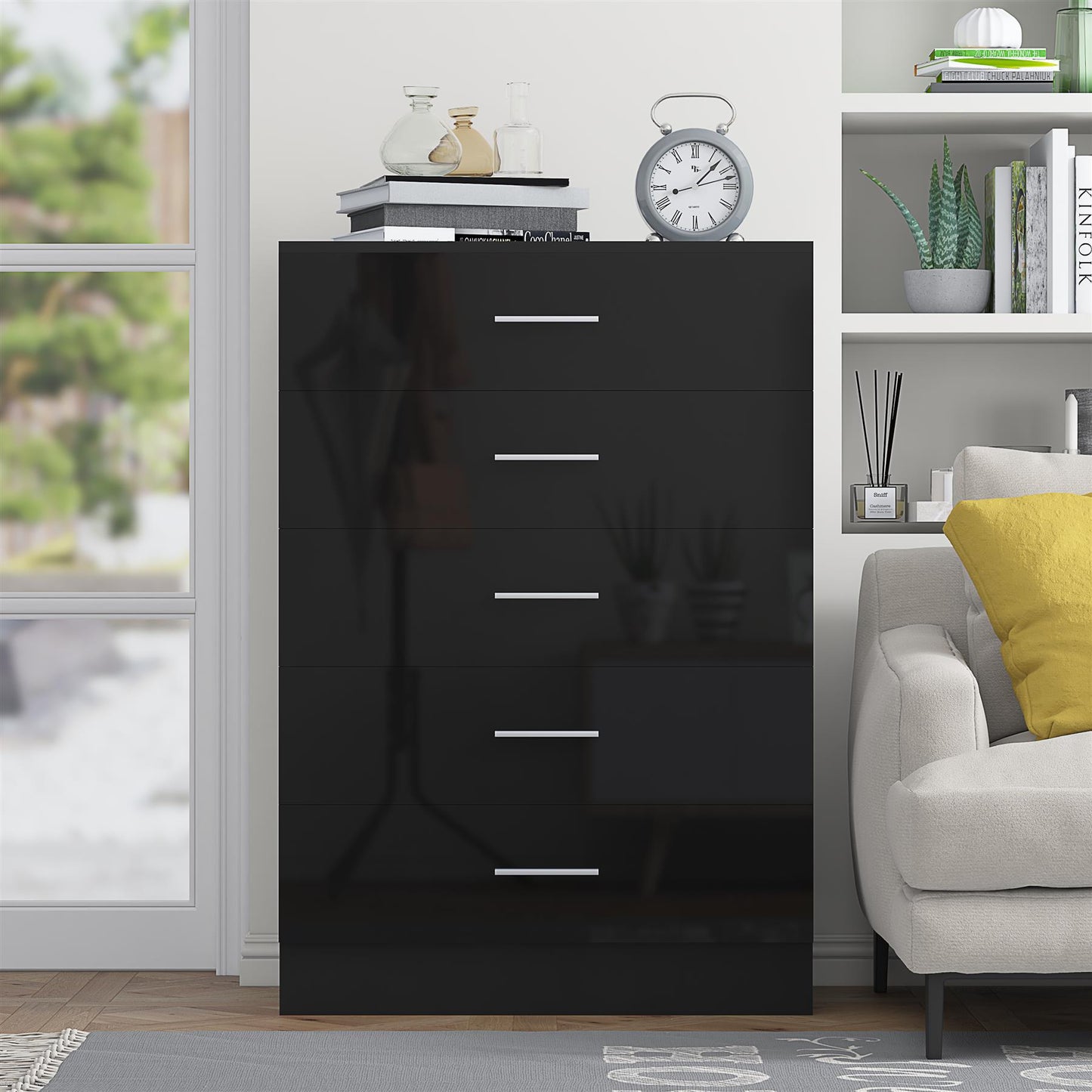 Reflect 5 Drawer Chest - Black Gloss & Black Oak - Modern Vertical Bedroom Storage Unit