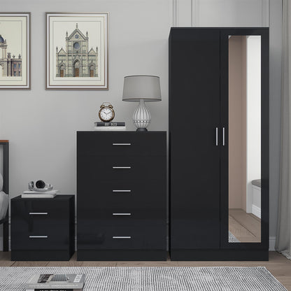 REFLECT Gloss 3pc Set - 2 Door Mirrored Wardrobe + 5 Draw Chest + Bedside