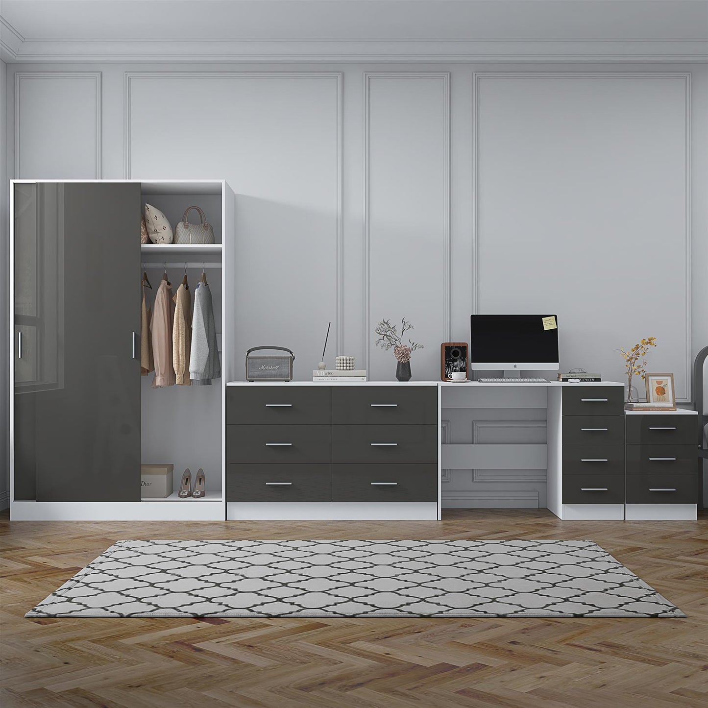 Reflect 2 Door Sliding Wardrobe, 6 Drawer Wide Chest, 3 Drawer Bedside, 4 Drawer Desk - Grey Gloss & Matt White - Modern Bedroom Furniture Set