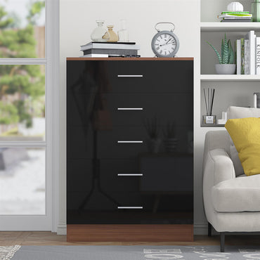Reflect 5 Drawer Chest - Black Gloss & Walnut - Modern Vertical Bedroom Storage Unit
