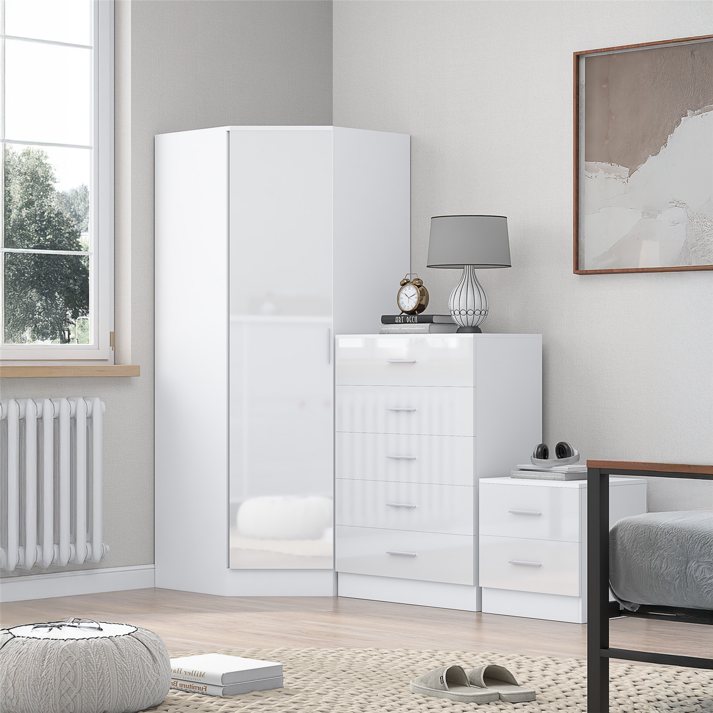 REFLECT - 1 Door Corner + 5 Drawer Chest + 2 Drawer Bedside in Gloss White / Matt White