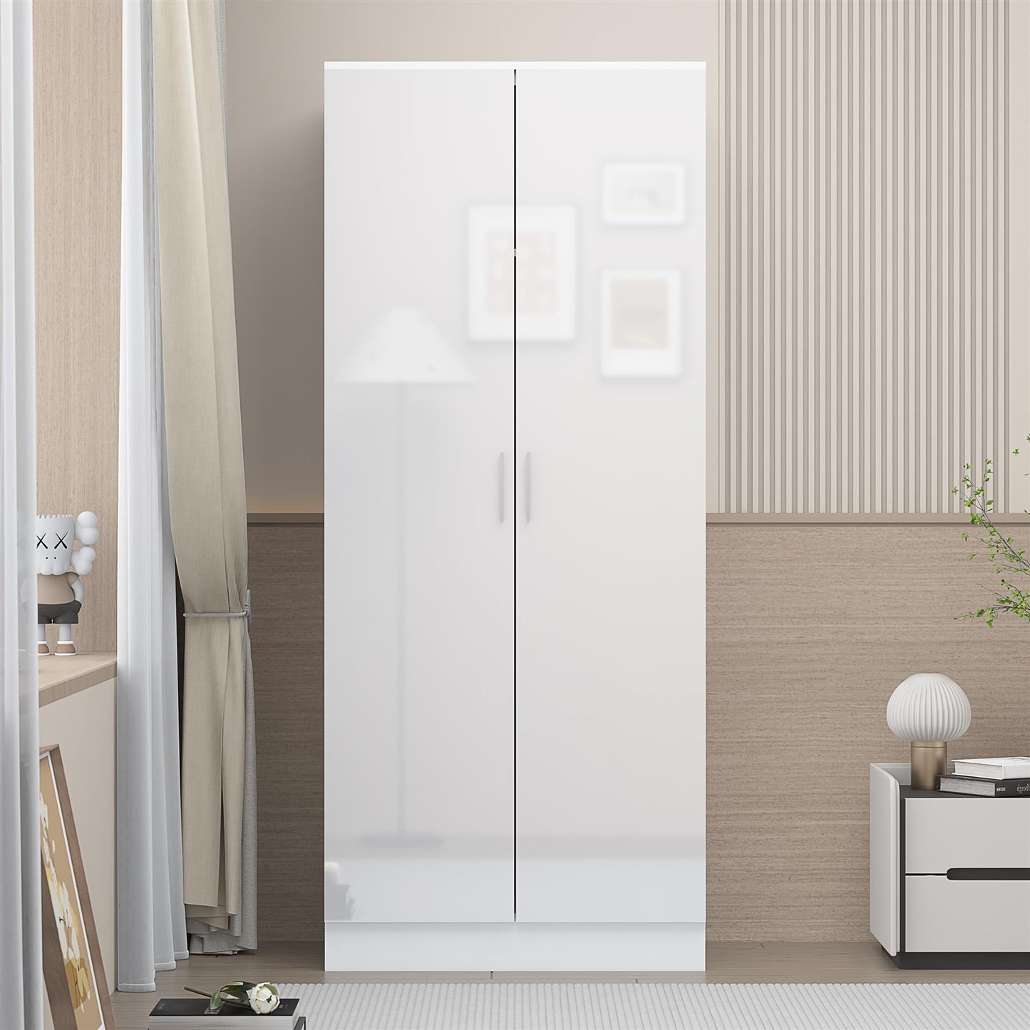 Reflect 2 Door Plain Wardrobe - White Gloss & Matt White - Hanging Rails & Shelves - Modern Sleek Design