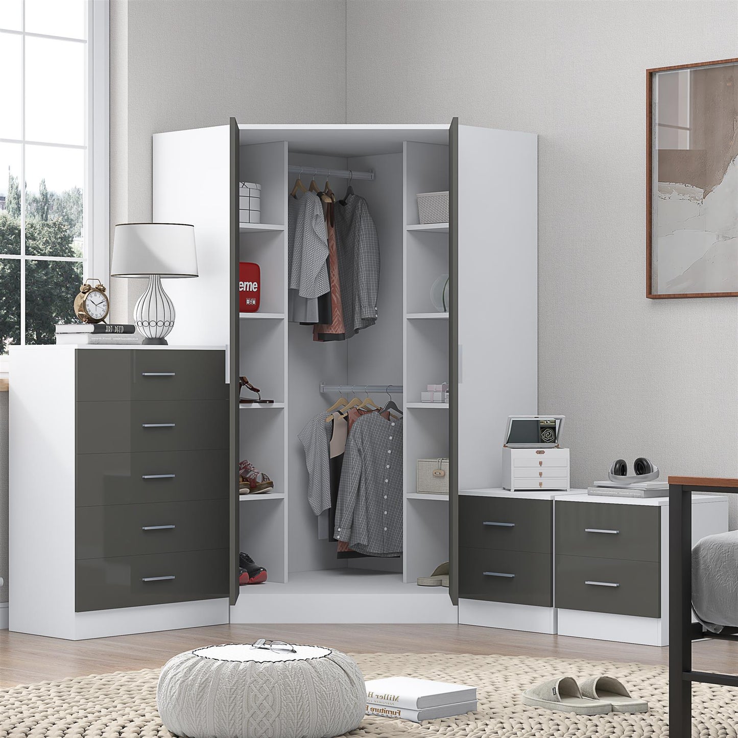 REFLECT Gloss 4pc Set - 2 Door Corner Wardrobe + 5 Draw Chest + 2 Bedsides