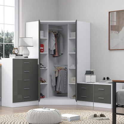 REFLECT Gloss 4pc Set - 2 Door Corner Wardrobe + 5 Draw Chest + 2 Bedsides