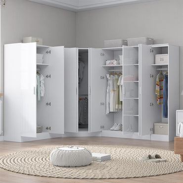Reflect 4pc Wardrobe Bundle - 2 Door Corner + 2x 3 Door Plain + 1 Door Plain - White Gloss & Matt White