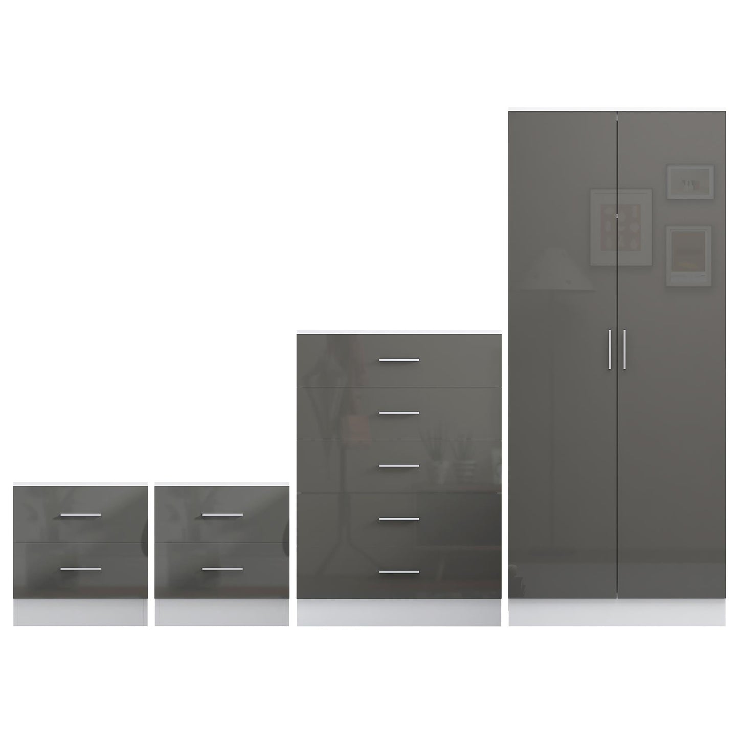 REFLECT Gloss 4pc Bedroom Set - 2 Door Wardrobe + 5 Draw Chest + 2 Bedsides