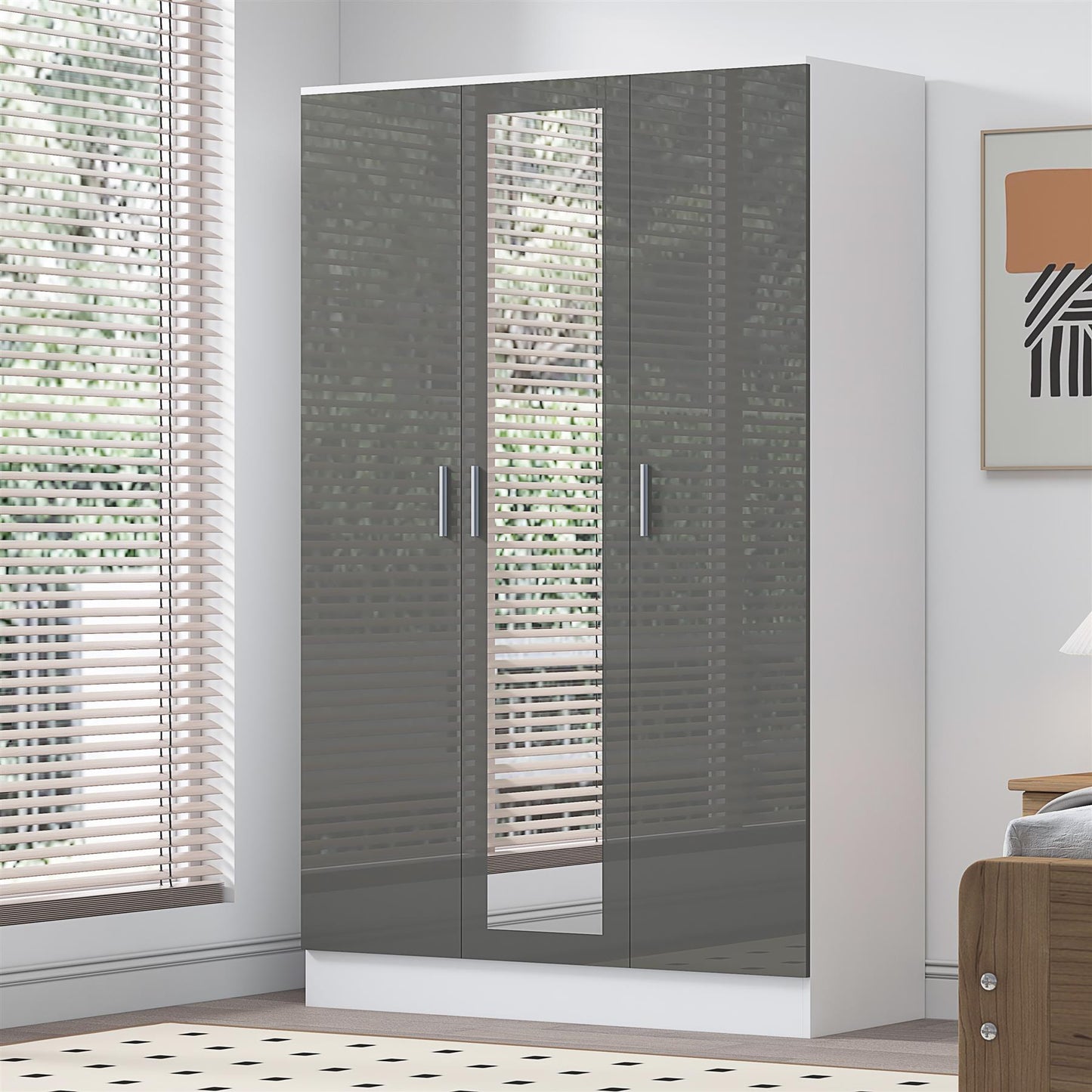 Reflect 3 Door Mirror Wardrobe - Grey Gloss & Matt White - Hanging Rail & 4 Shelves - Modern Design