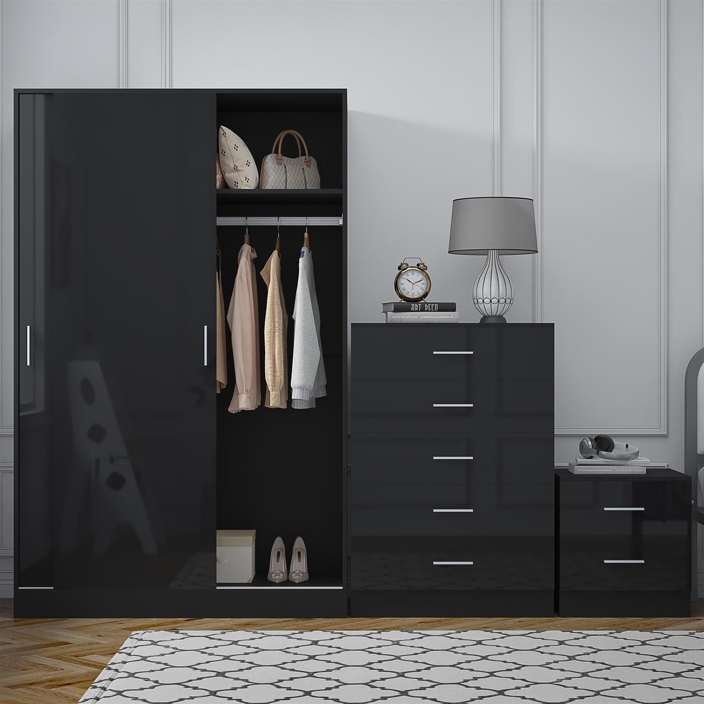 REFLECT Gloss 3pc Set - 2 Door Sliding Wardrobe + 5 Draw Chest + Bedside