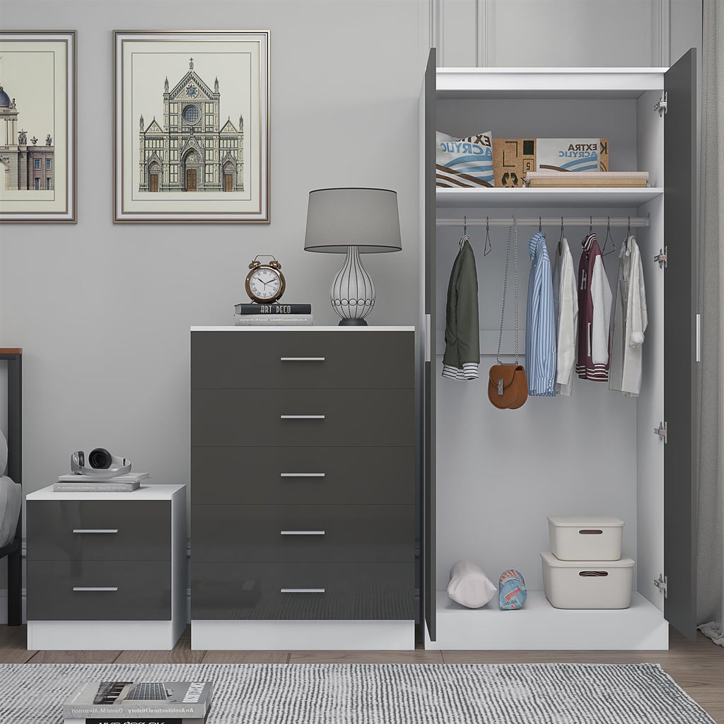 REFLECT Gloss 3pc Set - 2 Door Mirrored Wardrobe + 5 Draw Chest + Bedside