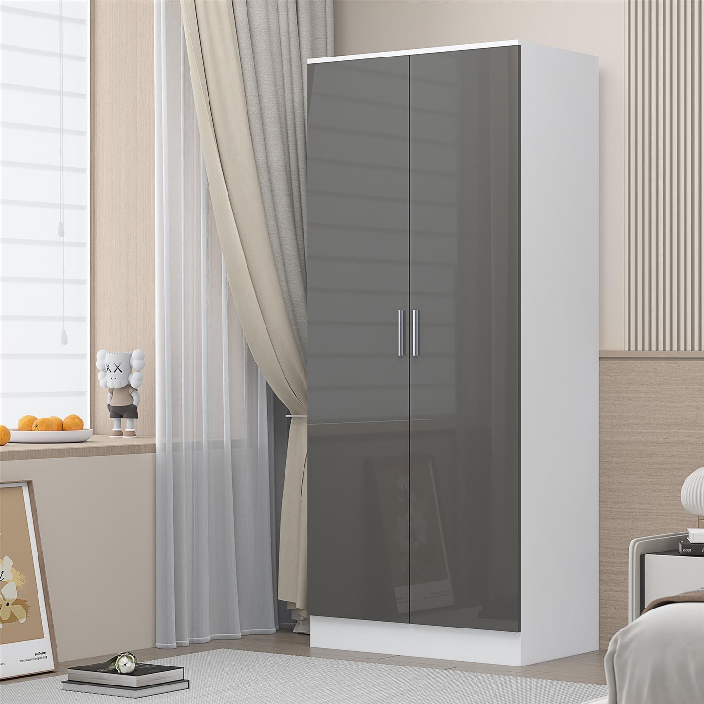 REFLECT High Gloss Bedroom Furniture Wardrobe Chest Bedside Desk in Grey/White