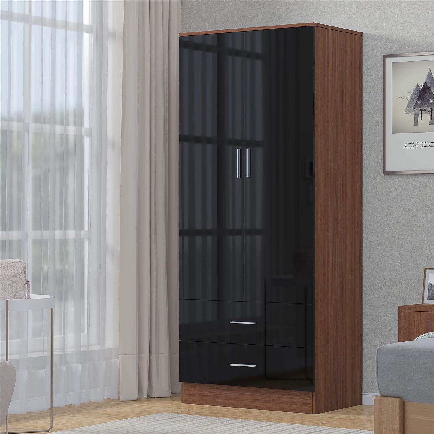 Reflect 2 Door 2 Drawer Combi Plain Wardrobe - Black Gloss & Walnut - Hanging Rails, Drawers & Shelf