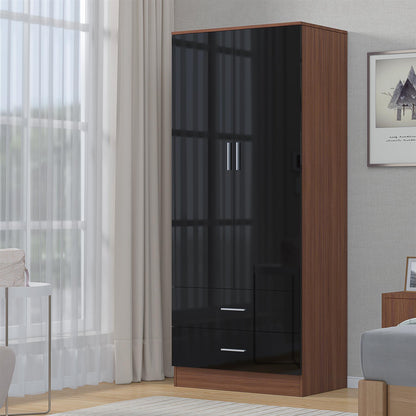 Reflect 2 Door 2 Drawer Combi Plain Wardrobe - Black Gloss & Walnut - Hanging Rails, Drawers & Shelf