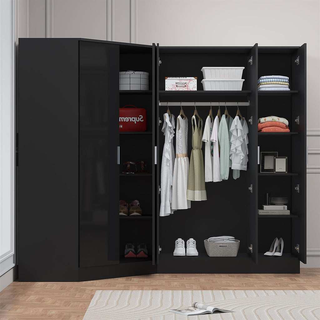 Reflect 2pc Wardrobe Bundle - 2 Door Corner + 3 Door Plain - Black Gloss & Black Oak - H: 180cm x W: 179cm x D: 103cm