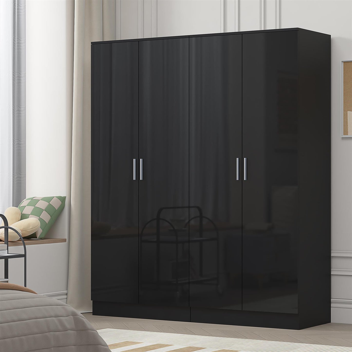 Reflect 2x 2 Door Plain Wardrobe Bundle - Black Gloss & Black Oak - Hanging Rails & Shelves - Modern Sleek Design