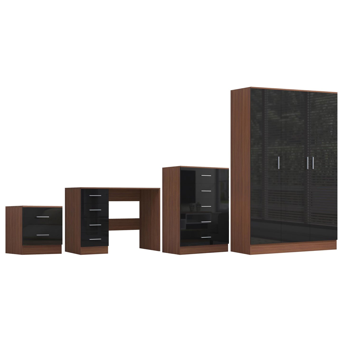 REFLECT Gloss 4pc Bedroom Set - 3 Door Wardrobe + Tall Chest + Bedside + Desk