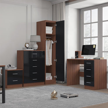 Reflect 1 Door Plain Wardrobe, 5 Drawer Chest, 2 Drawer Bedside & Desk - Black Gloss & Walnut - Bedroom Furniture Set