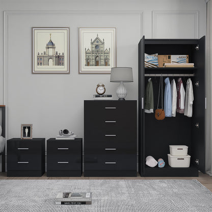 Reflect 2 Door Plain Wardrobe, 5 Drawer Chest, 2x 2 Drawer Bedsides - Black Gloss & Black Oak - Modern Bedroom Furniture Set