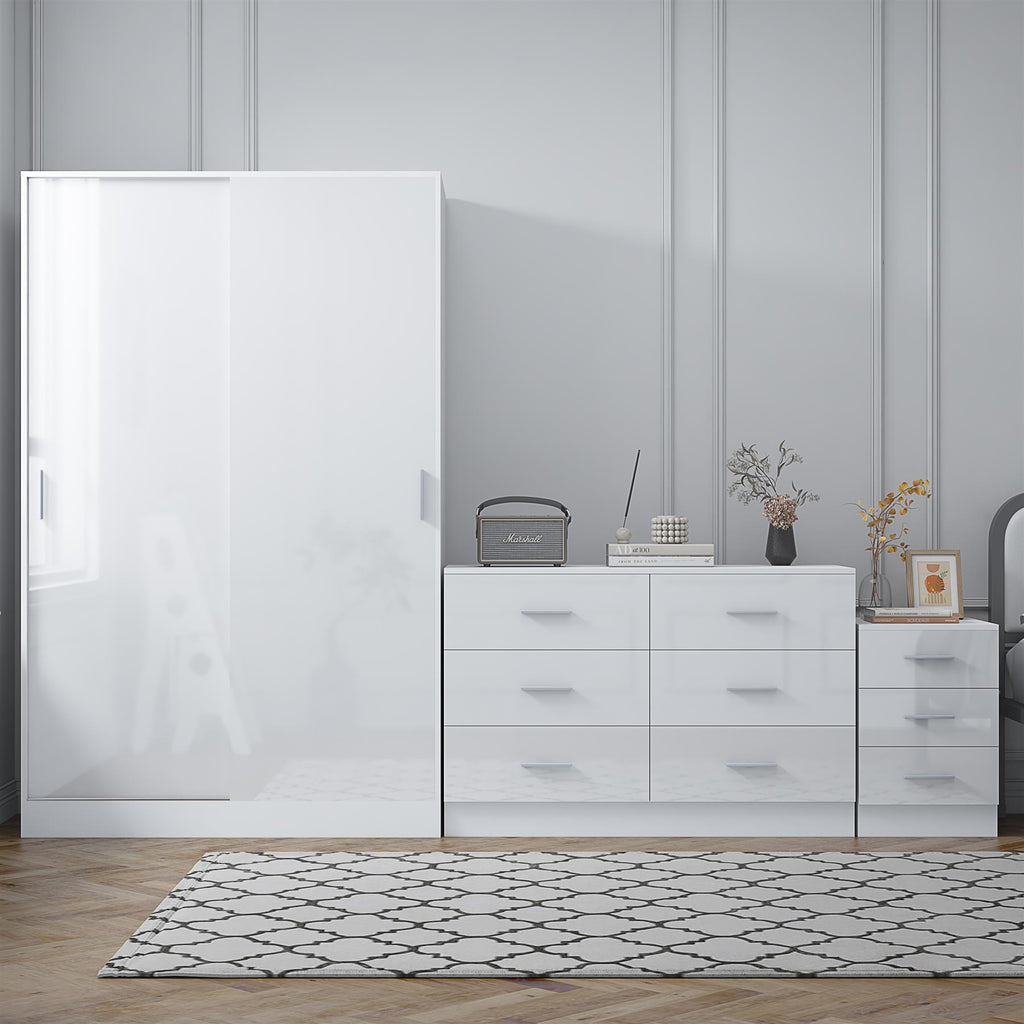 Reflect 2 Door Sliding Wardrobe, 6 Drawer Wide Chest, 3 Drawer Bedside - White Gloss & Matt White - Modern Bedroom Furniture Set