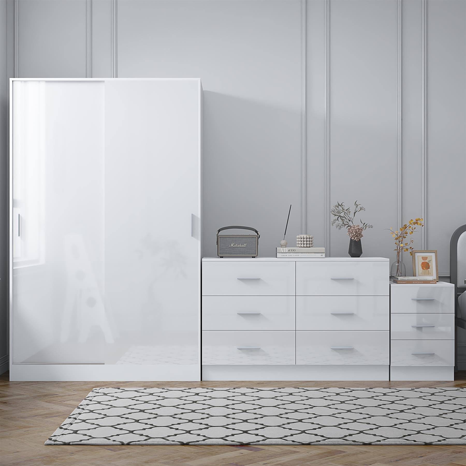 Reflect 2 Door Sliding Wardrobe, 6 Drawer Wide Chest, 3 Drawer Bedside - White Gloss & Matt White - Modern Bedroom Furniture Set