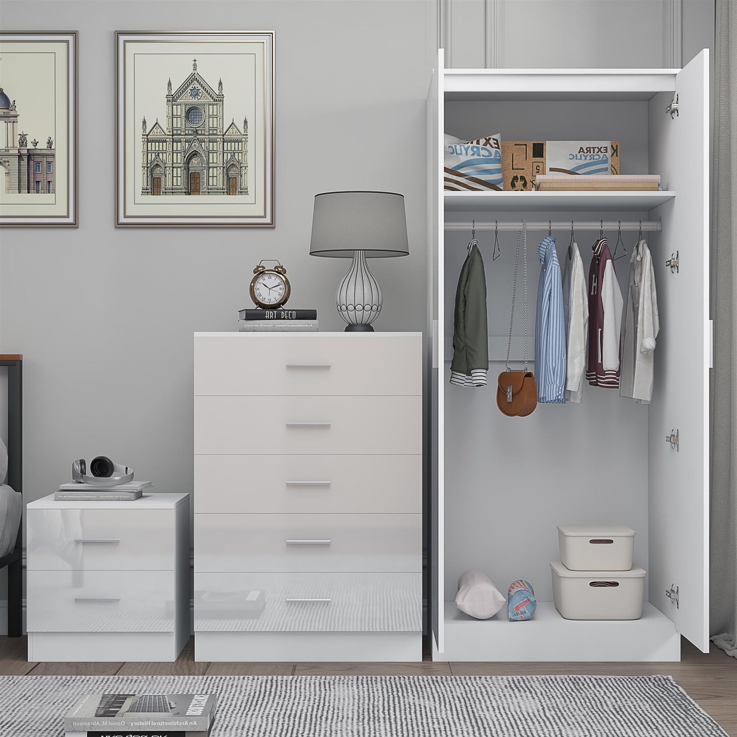 Reflect 2 Door Plain Wardrobe, 5 Drawer Chest, 2 Drawer Bedside - White Gloss & Matt White - Modern Bedroom Furniture Set