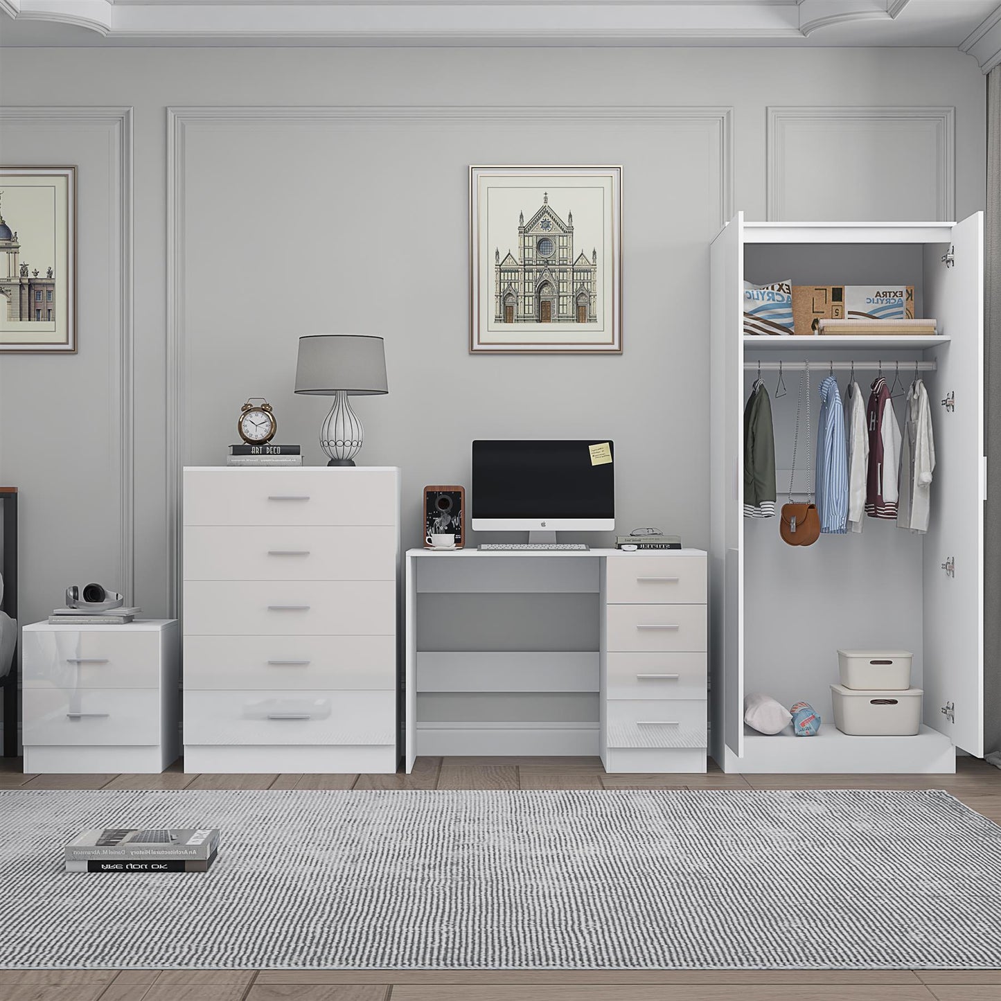 REFLECT Gloss 4pc Bedroom Set - 2 Door Wardrobe + 5 Draw Chest + Bedside + Desk