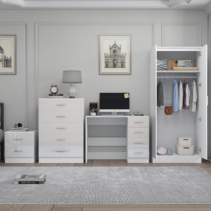 Reflect 2 Door Plain Wardrobe, 5 Drawer Chest, 2 Drawer Bedside & Desk - White Gloss & Matt White - Modern Bedroom Furniture Set