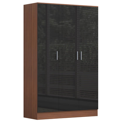 Reflect 3 Door Plain Wardrobe, 5 Drawer Chest, 2 Drawer Bedside - Black Gloss & Walnut - Modern Bedroom Furniture Set