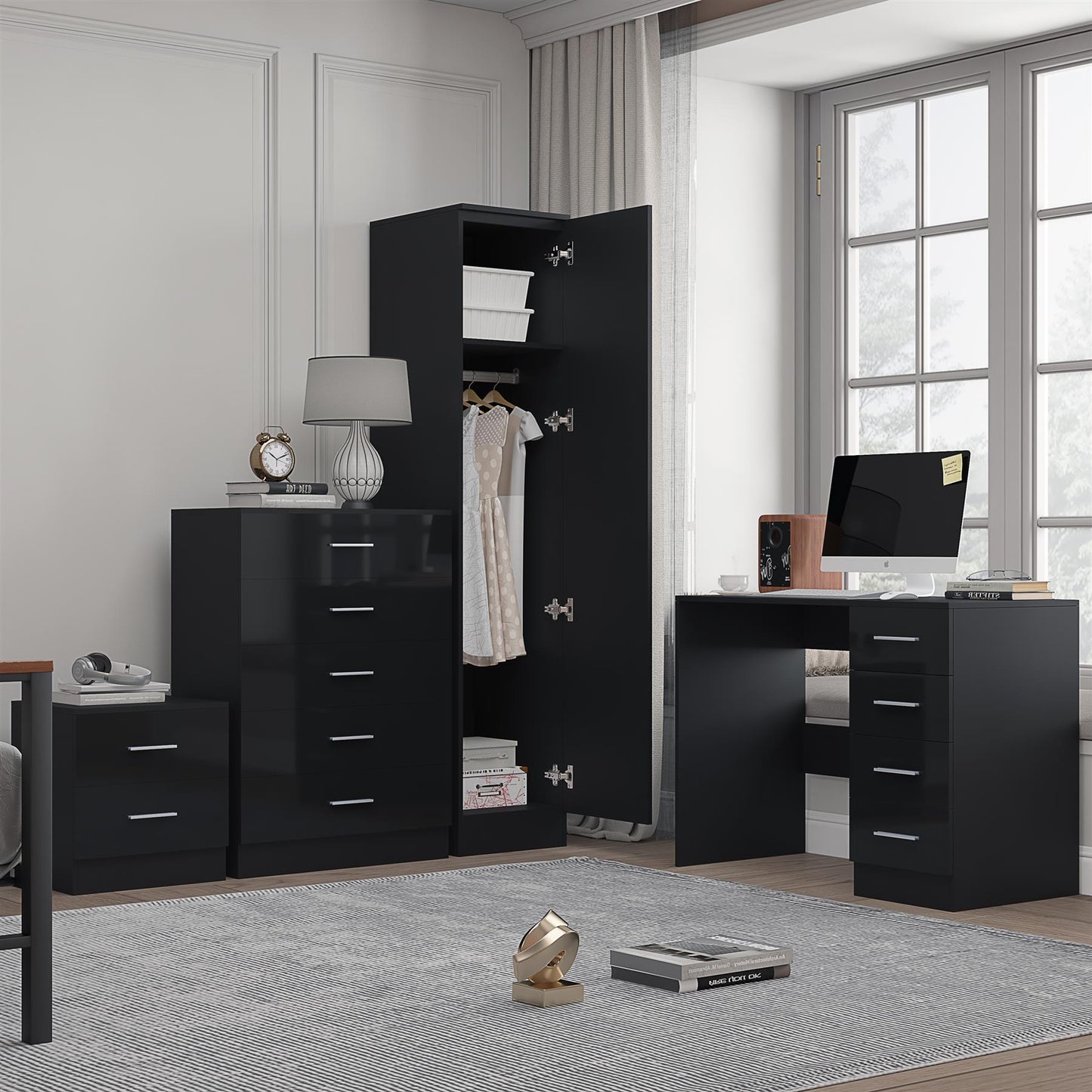 Reflect 1 Door Plain Wardrobe, 5 Drawer Chest, 2 Drawer Bedside & Desk - Black Gloss & Black Oak - Bedroom Furniture Set