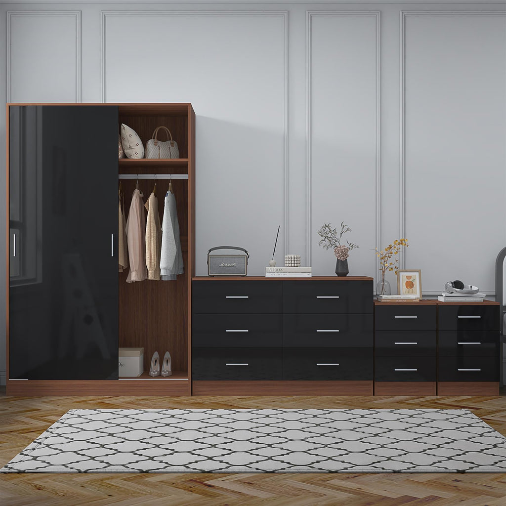 Reflect 2 Door Sliding Wardrobe, 6 Drawer Wide Chest, 2x 3 Drawer Bedsides - Black Gloss & Walnut - Modern Bedroom Furniture Set