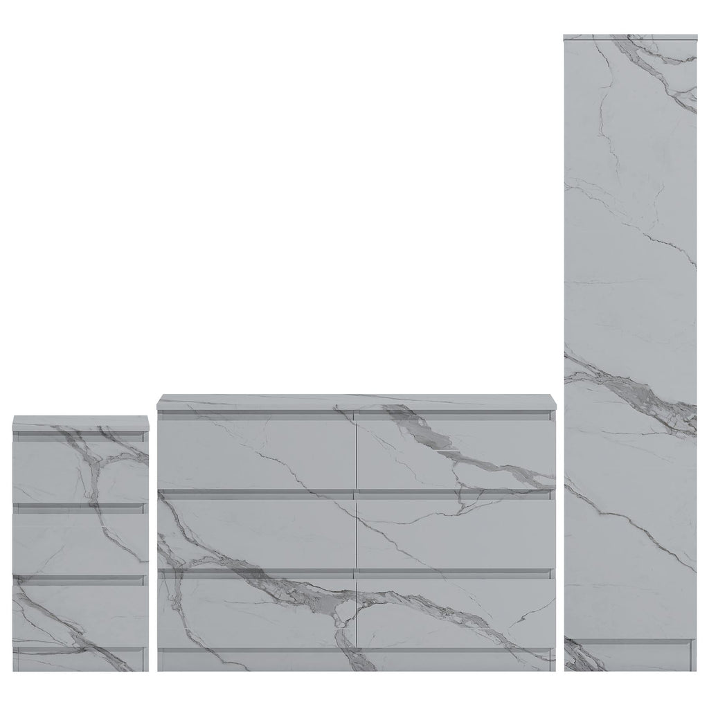 ZITA White Marble Effect 3 Piece Bedroom Set - 1-Door Wardrobe, Wide Chest & Bedside Table, Stylish Modern Bedroom Furniture