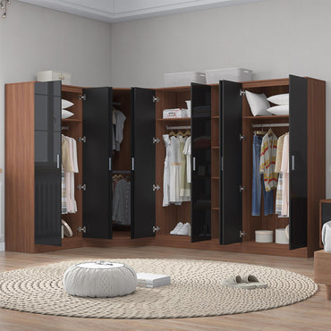 Reflect 4pc Wardrobe Bundle - 2 Door Corner + 3 Door Plain + 2x 2 Door Plain - Black Gloss & Walnut