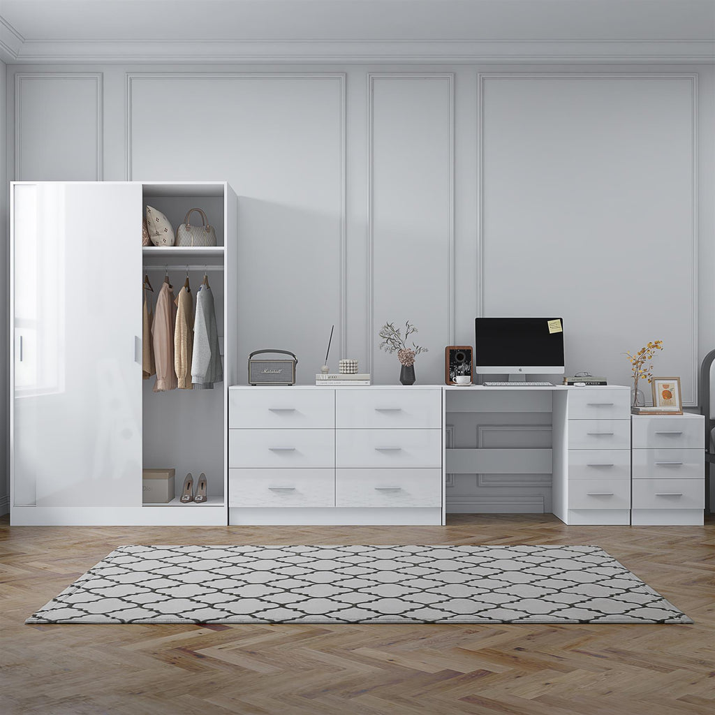 Reflect 2 Door Sliding Wardrobe, 6 Drawer Wide Chest, 3 Drawer Bedside, 4 Drawer Desk - White Gloss & Matt White - Modern Bedroom Furniture Set