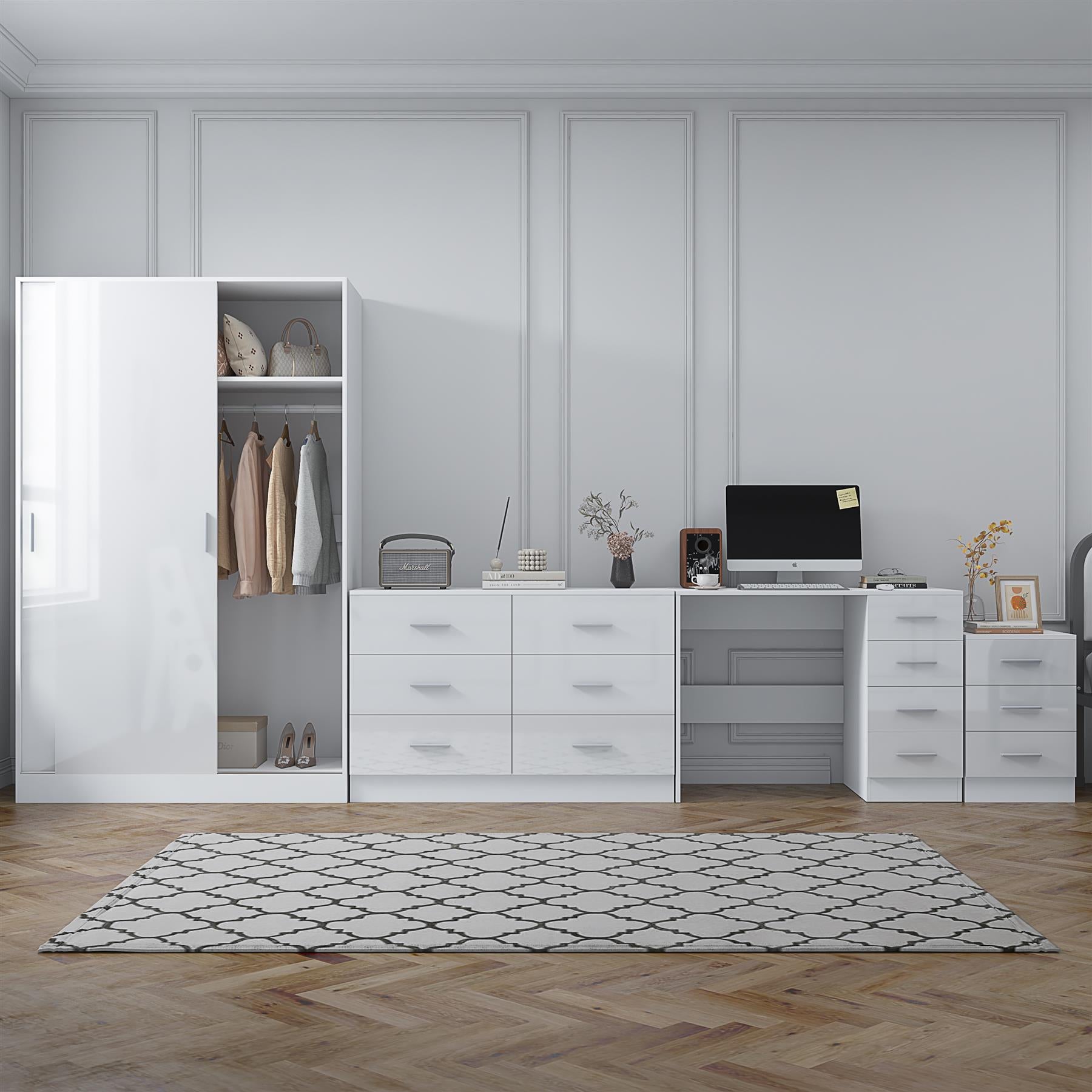 Reflect 2 Door Sliding Wardrobe, 6 Drawer Wide Chest, 3 Drawer Bedside, 4 Drawer Desk - White Gloss & Matt White - Modern Bedroom Furniture Set