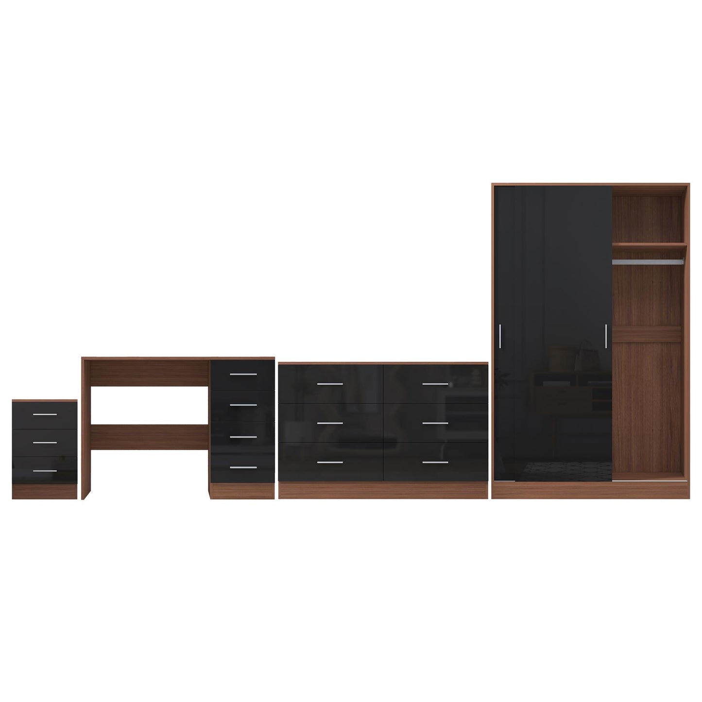 Reflect 2 Door Sliding Wardrobe, 6 Drawer Wide Chest, 3 Drawer Bedside, 4 Drawer Desk - Black Gloss & Walnut - Modern Bedroom Furniture Set