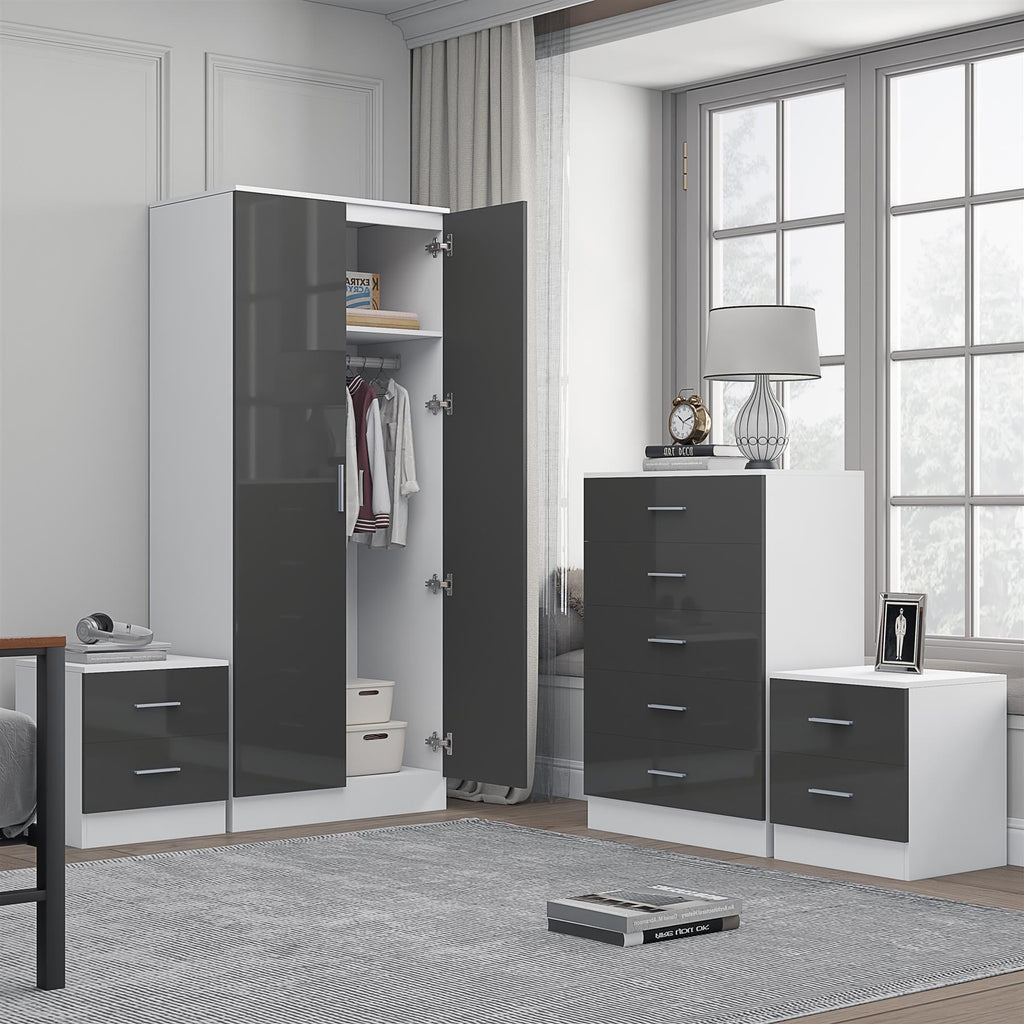 REFLECT Gloss 4pc Set - 2 Door Mirrored Wardrobe + 5 Draw Chest + 2 Bedsides