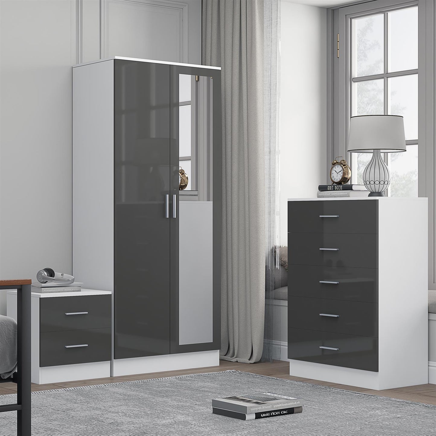 REFLECT Gloss 3pc Set - 2 Door Mirrored Wardrobe + 5 Draw Chest + Bedside