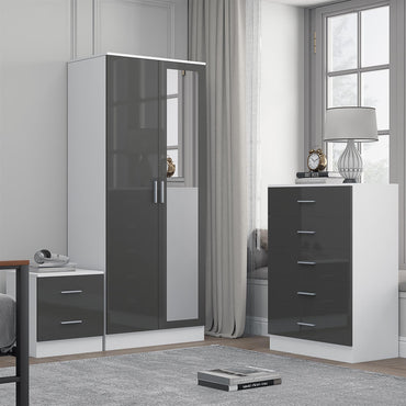 REFLECT Gloss 3pc Set - 2 Door Mirrored Wardrobe + 5 Draw Chest + Bedside