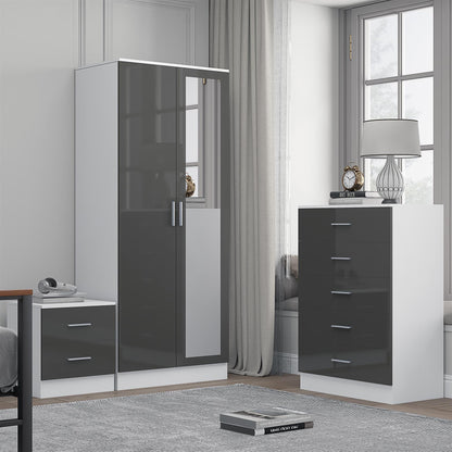 REFLECT Gloss 3pc Set - 2 Door Mirrored Wardrobe + 5 Draw Chest + Bedside