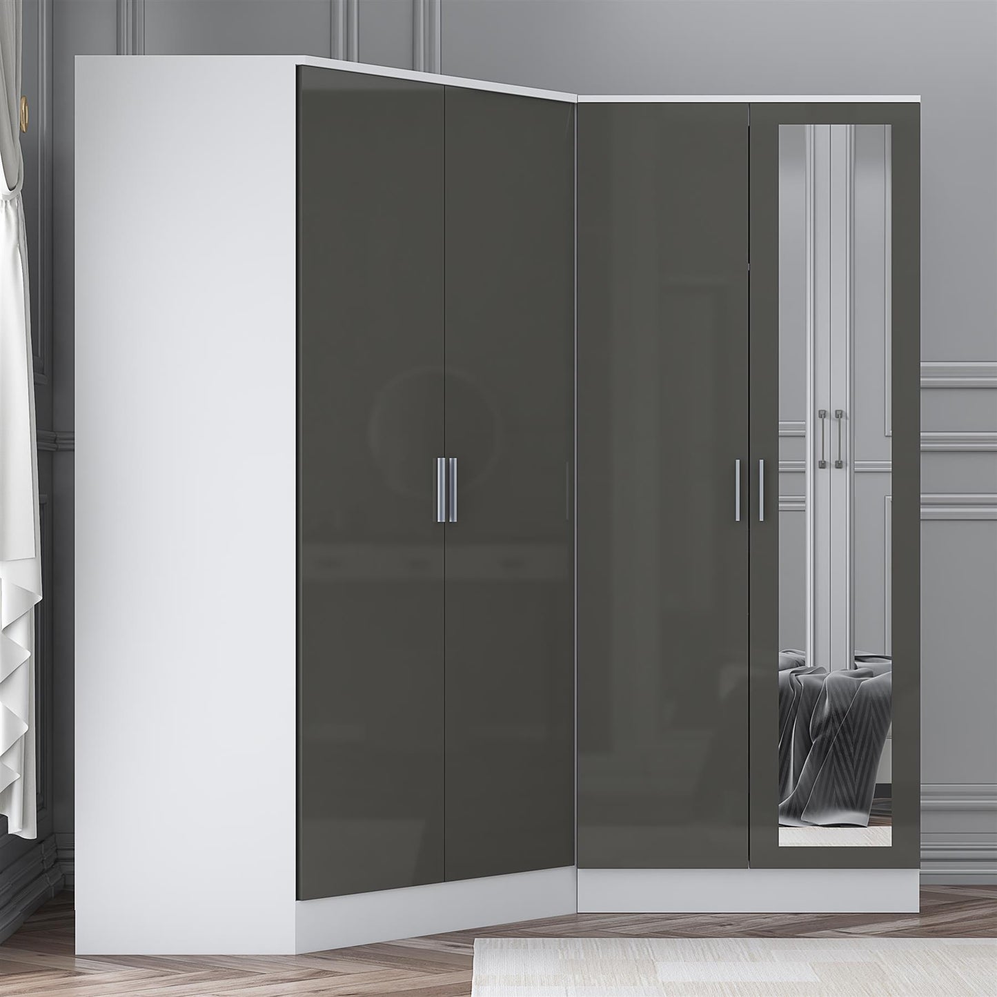 Reflect 2pc Wardrobe Bundle - 2 Door Corner + 2 Door Mirror - Grey Gloss & Matt White