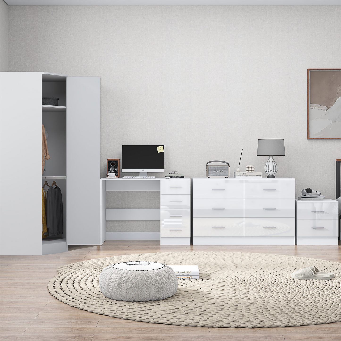 REFLECT - 1 Door Corner + 6 Drawer Chest + 2 Drawer Bedside + 4 Drawer Desk in Gloss White / Matt White