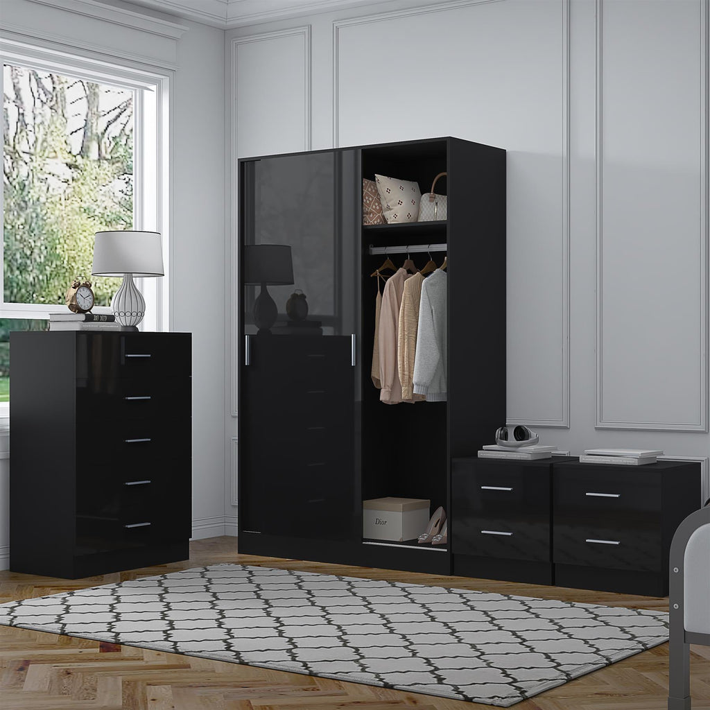 REFLECT Gloss 4pc Set - 2 Door Sliding Wardrobe + 5 Draw Chest + 2 Bedsides