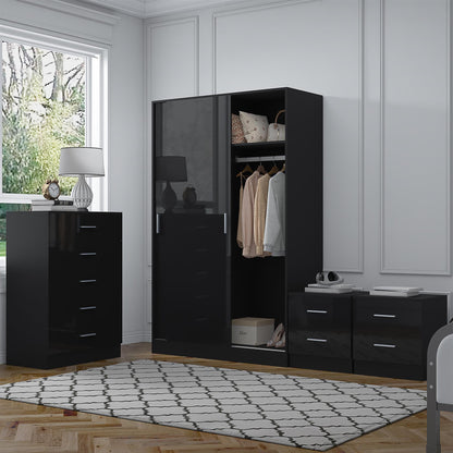 REFLECT Gloss 4pc Set - 2 Door Sliding Wardrobe + 5 Draw Chest + 2 Bedsides